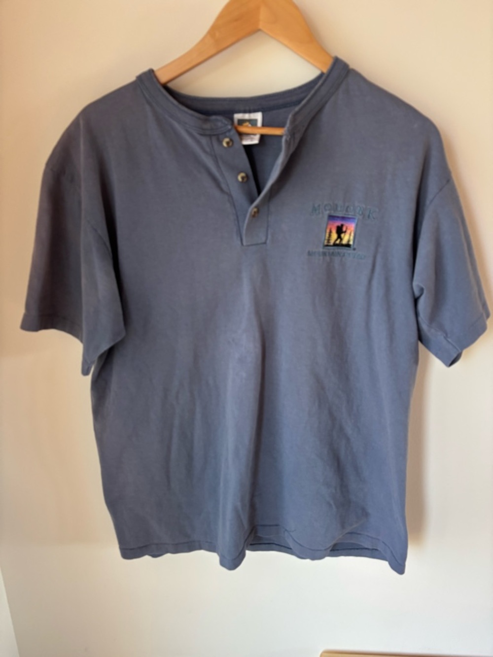Vintage Cotton Delux Blue Short-Sleeve Henley Tee with Small Graphic